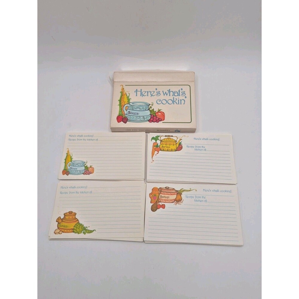 Vintage Recipe Card Box Set Here’s What’s Cookin’ 60 Cards Kitchen Country NOS